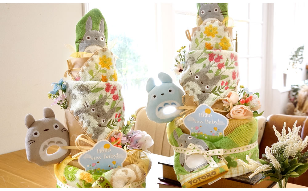 ジブリ系おむつケーキの中でも1番人気の3段タイプのトトロトリプルおむつケーキ