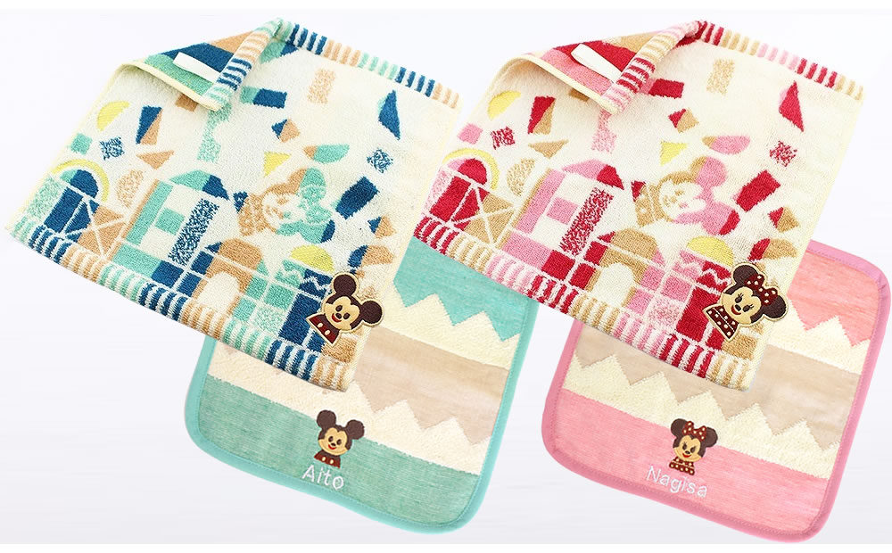 ウォッシュタオルとミニタオルでできていて、ミニタオルにはお名前刺繍を入れることが出来ます