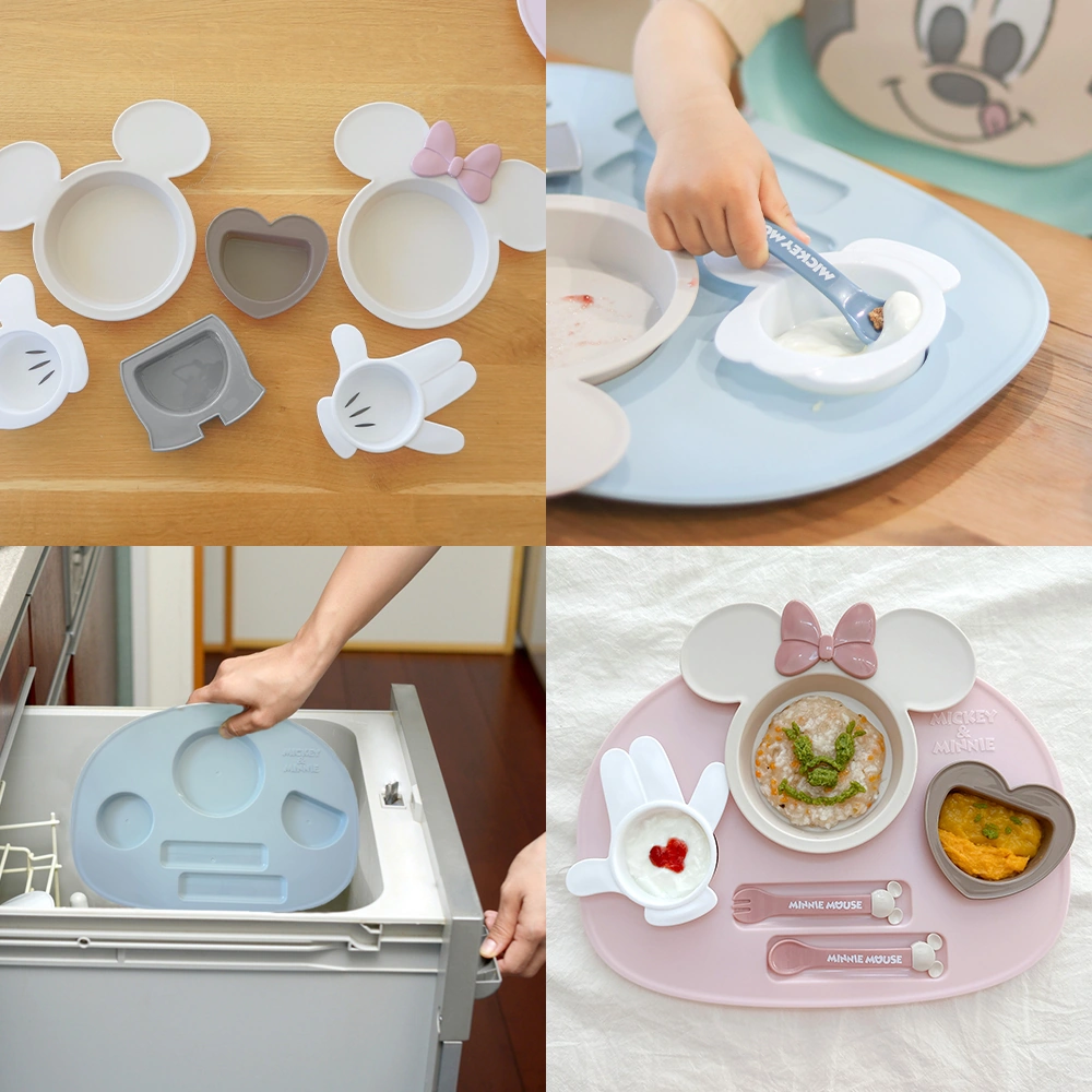 【出産祝い ベビー食器】ミッキー・ミニー アイコンランチプレート+名前入りお食事エプロンセット 食事トレーニングにも最適