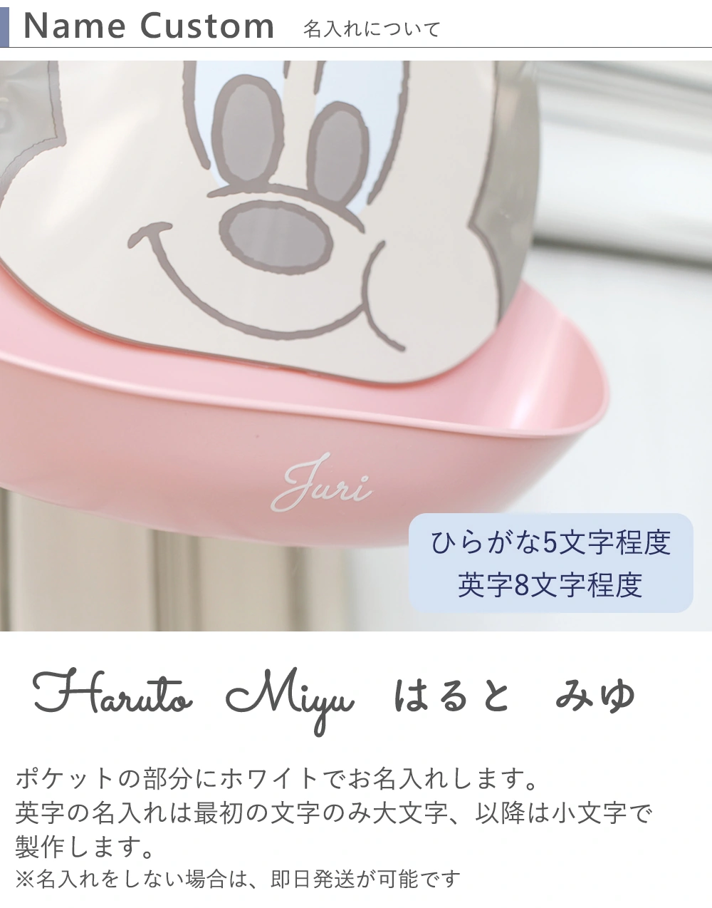 【出産祝い ベビー食器】ミッキー・ミニー アイコンランチプレート+名前入りお食事エプロンセット　名入れDetail