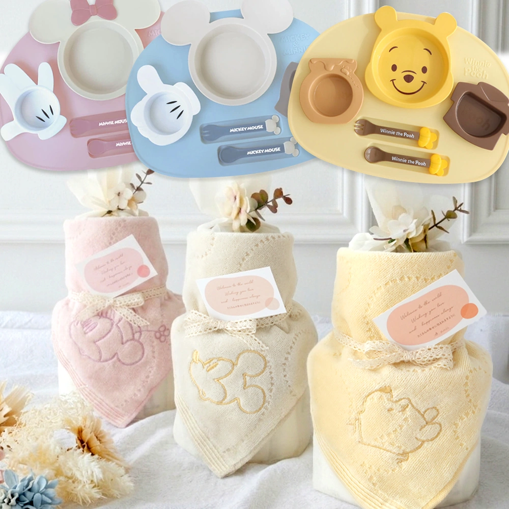 【出産祝い】ディズニーリトルナチュラルタオルおむつケーキ＋ディズニー アイコンランチプレートセット