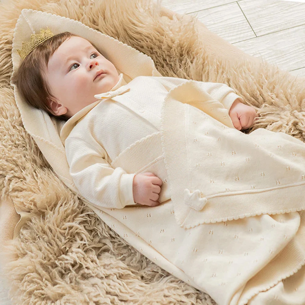 【出産祝い】ニットブランケット オーガニックコットン100％ 王冠・ポンポン