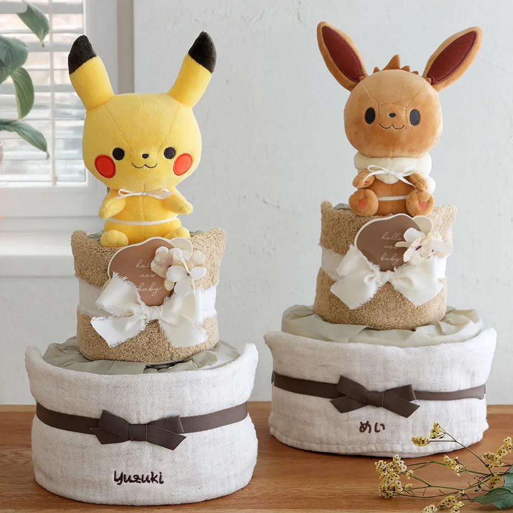 【出産祝い】モンポケ ぬいぐるみ ナチュラルタオル おむつケーキ ピカチュウ イーブイ