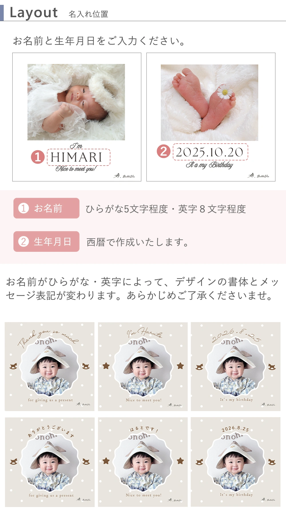 出産内祝い米 写真入り3個・6個セット レイアウト