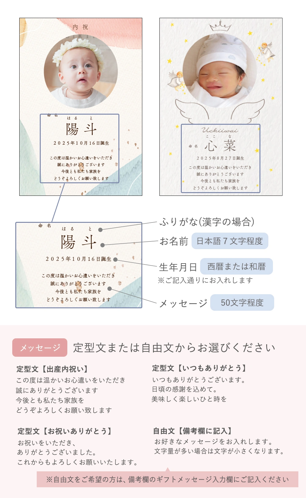 【出産内祝い アイスコーヒー】選べるコーヒーギフトセット（写真・お名前入り） 出産内祝いレイアウト